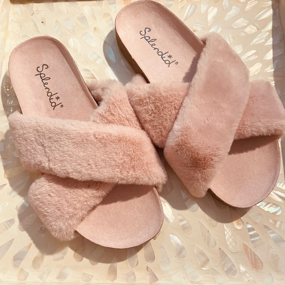 Splendid Roxanne Slides Faux Fur Sandals Crisscross Criss Cross - Picture 2 of 10